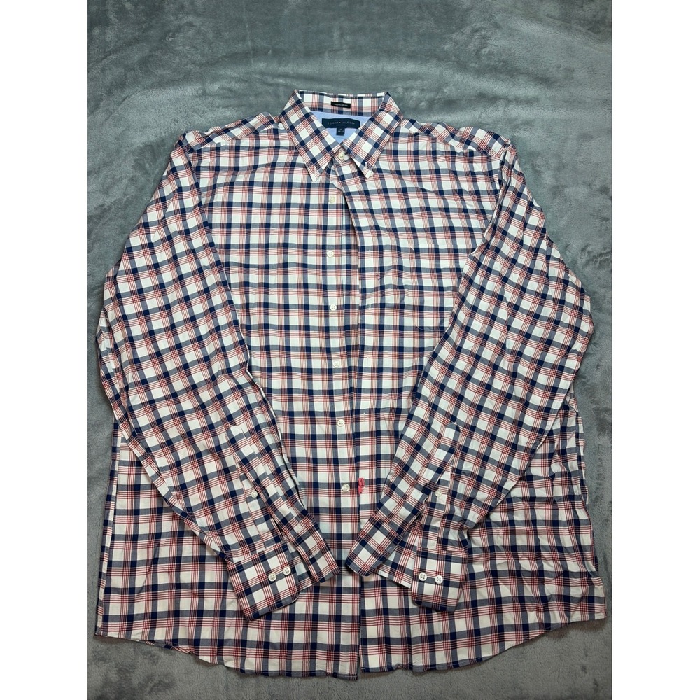Tommy Hilfiger Mens Red White Blue Plaid Button Down Shirt Regular Fit 17 36-37